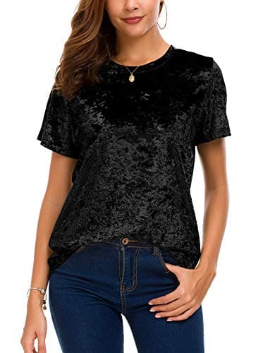 Image of Women's Crew Neck Velvet Top Short Sleeve T-Shirt, Black, L