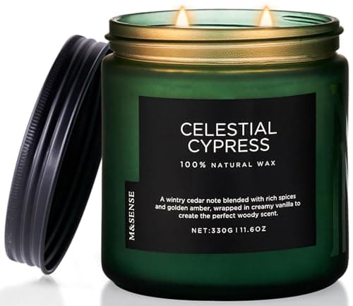 Image of M&SENSE Celestial Cypress Soy Wax Scented Candles Gifts for Men 330g 70 Hour Burn Time Organic Jar Candles Gift for Women 2 Wick Non Toxic Housewarming Candle for Home Decor Family Friend Party
