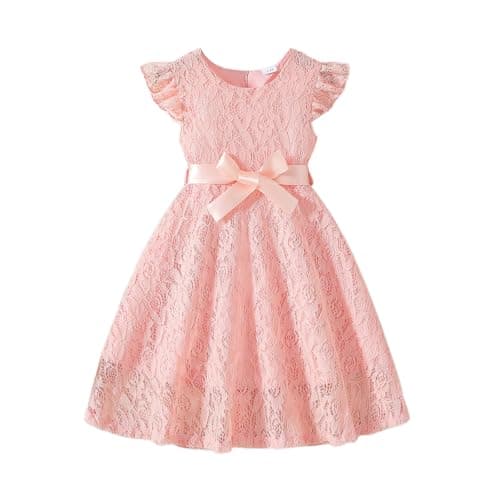 Image of XIXIMAON Kids Girls Dresses Wedding Birthday Party Dress Formal Outfit Flying Sleeve Round Neck Lace Princess Dress with Bow Belt Summer Clothes 3-10 Years (Pink, 5-6 Years)