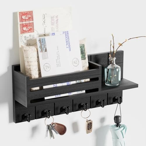Image of SWTYMIKI Key Holder for Wall - Key Hooks Wall Mounted with Shelf Includes Letter Holder & 6 Hooks, Key Hanger Racks with Mail Organizer for Living Room, Kitchen, Office, Entryway, Bedroom(Black)