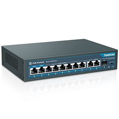 Image of YuanLey 11 Port Gigabit PoE Switch, 8 PoE+ Port 1000Mbps, 2 Gigabit Uplink, 1 SFP Port, 120W 802.3af/at, Metal, Qos, Unmanaged Plug and Play AI Smart Detection Ethernet Switch