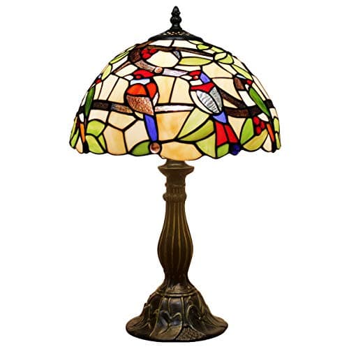 Image of WERFACTORY Tiffany Table Lamp Mix Color Stained Glass Bedside Lamp Double Birds Reading Desk Light 12X12X18 Inches Decor Bedroom Living Room Home Office S805 Series