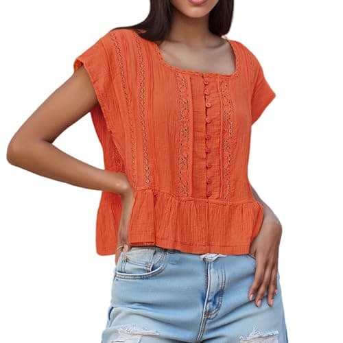 Image of Yoisdtxc Women's Boho Square Neck Cap Sleeve Blouse Lace Trim Button Down Ruffle Hem Peplum Top Y2K Going Out Tops for Vacation (Orange, S)