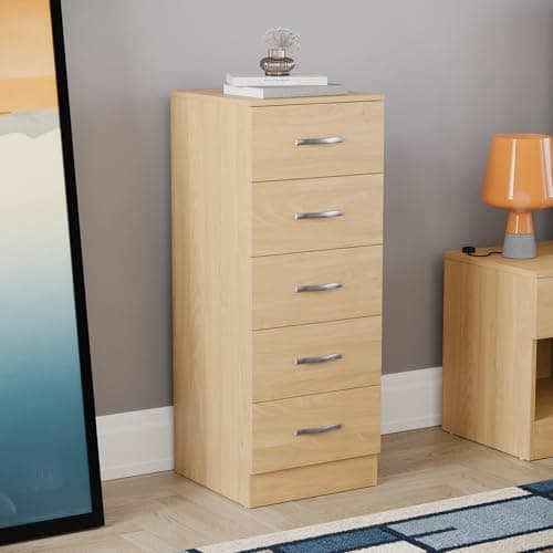 Image of Vida Designs 5 Drawer Narrow Chest Tall Bedroom Storage Unit Sliding Drawers Bedroom Furniture (Pine)