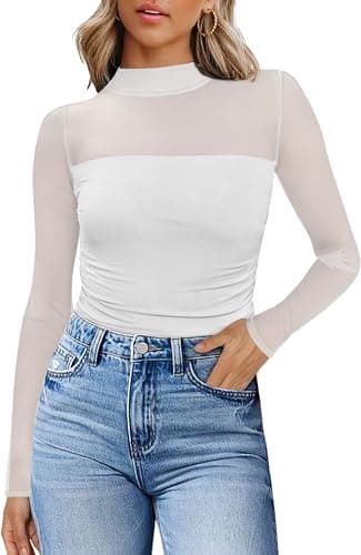 Image of WIHOLL Women's Sheer Tops Mesh Blouses Mock Turtle Neck Long Sleeve Tops Mesh Ruched Sexy Lace Shirts Womens Tops White,M