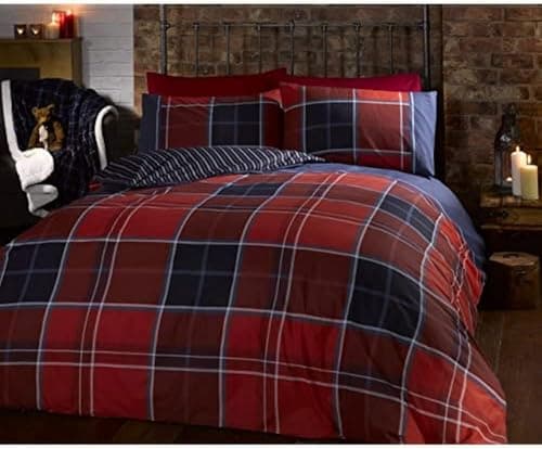 Image of Argyle Double Quilt Duvet Cover and 2 Pillowcase Reversible Bedding Bed Set, Tartan Check - Red
