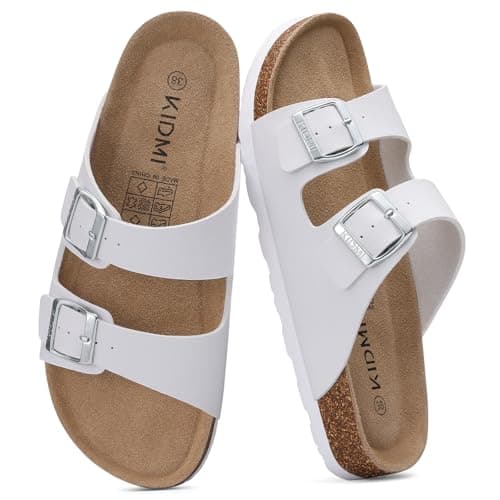 Image of KIDMI Women's Vegan Upper Sandals with Arch Support, Cork Footbed Summer Adjustable Slide Sandals, White 36 (size 4)