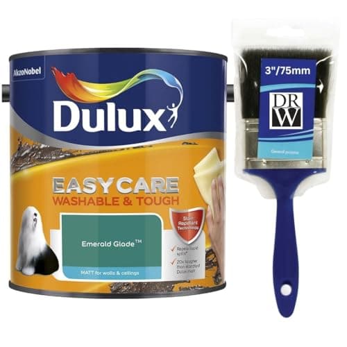 Image of Emerald Glade Dulux Easycare Matt Emulsion Paint 2.5L + 3" Emulsion Paint Brush – Washable & Stain Resistant, Durable Matt Finish, Quick Dry, Low Odour Interior Wall & Ceiling Paint