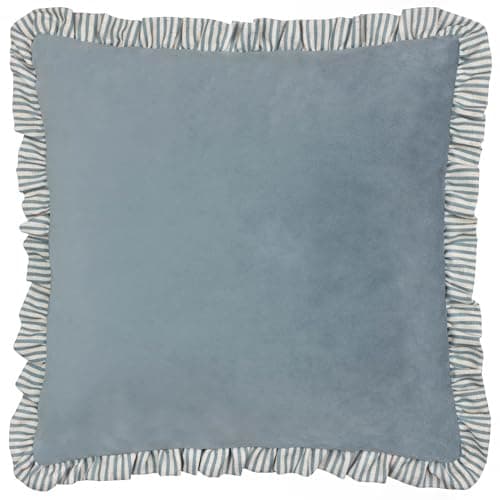 Image of furn. Wylder Solene Ruffle Cushion Cover – Soft Pastel Velvet Striped Trim Decorative Case (Blue – 45x45cm)