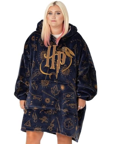 Image of Harry Potter Womens Wearable Blanket Hoodie | Adults Gray Hooded Pullover with Hogwarts Graphic All Over Print | One Size Sherpa Lined Loungewear with Pockets | Classic Wizard Movie Merchandise Gift