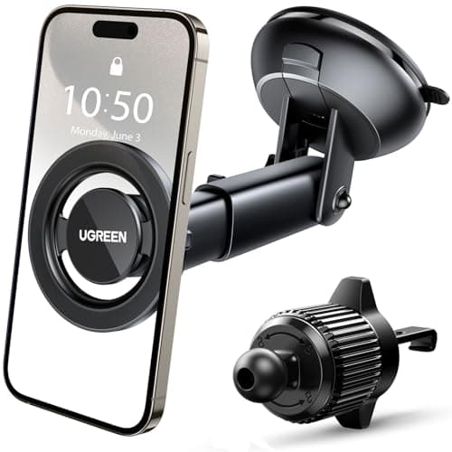 Image of UGREEN Magnetic Phone Car Mount Compatible with MagSafe, Universal Dashboard Windscreen Air Vent Car Phone Holder Compatible with MagSafe iPhone 17 Pro Max Air 16 15 14 13 12 Mini