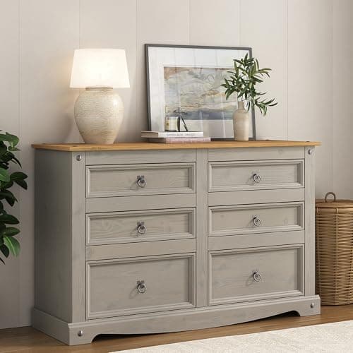 Image of Mews Corona Grey Chest of Drawers 6 Drawer Solid Pine Mexican 3+3 Wooden Sideboard