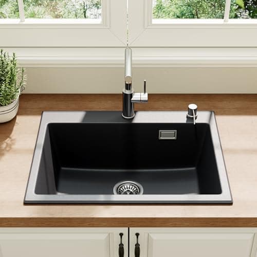 Image of HOROW Granite Composite Kitchen Sink 60x45 cm, Single Bowl Black with Self-Healing & Scratch Resistant Surface, Integrated Push-to-Seal Drain, Includes Fittings & Overflow