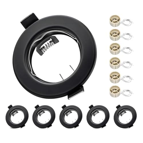 Image of Round Black Recessed Ceiling Downlight Frames with GU10 Sockets, 55-70mm Cut-Out Hole Size, Compatible with LED & Halogen Bulbs, Mounting Frame for Spotlight Fixtures (Bulbs Excluded) - 6 Pack