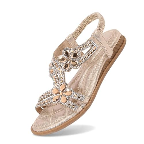 Image of 2026 Sandals for Women Glitter Shoes Women's Summer Elegant Flat Rhinestone Girls Comfortable Soft Soles Elastic Band Slingback Wide Beach Sum (Gold, 8)