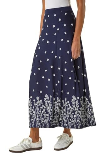 Image of Roman Jersey Skirt for Women UK - Ladies Midi Maxi Floral Animal Print Autumn Winter Swing Smart Casual Office Cocktail Party Going Out Evening Holiday Cruise - Floral Navy - Size 12