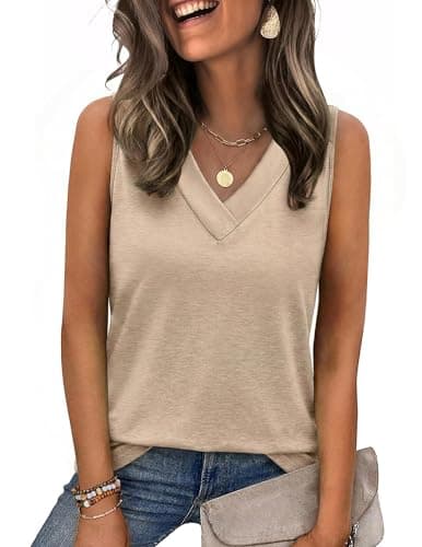 Image of Zeagoo Women's Summer Vest Tops V Neck Sleeveless Tank Top Basic Casual Solid Color Vests Shirt Khaki L