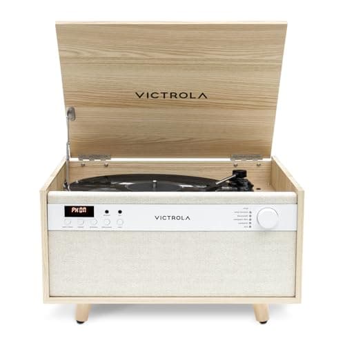 Image of Victrola Century 6-in-1 Vinyl Record Player & Music Centre – 3-Speed Turntable, CD & Cassette Player, VINYLSTREAM, Bluetooth & 3.5mm Aux, Record Player with Speakers, Mid Century Design (Natural)