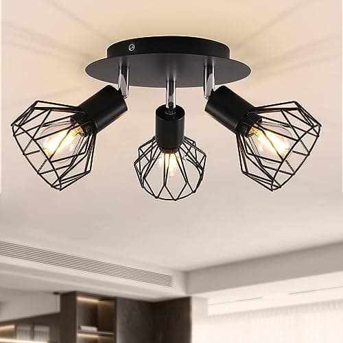 Image of 3 Way Ceiling Light Fitting Spot Light Rotatable Retro Spotlight Fixture Industrial Ceiling Lights E14 Base Adjustable with Black Metal Cage Flush Mount for Bedroom Living Room Hallway (No Bulbs)