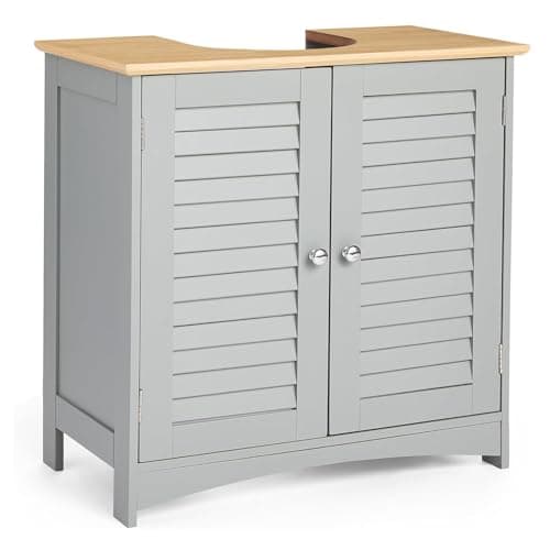 Image of Taylor & Brown Grey Under Sink Storage Cabinet – Freestanding Bathroom Cupboard with Shutter Doors & 2 Internal Shelves – Space-Saving Under Basin Unit