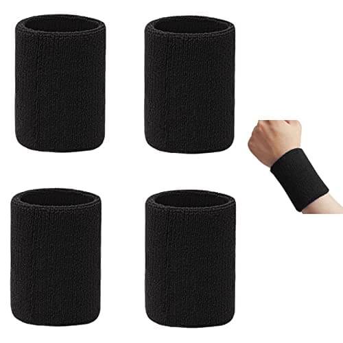 Image of kuou 2 Pairs/4 Pack Black Wrist Sweatband, Athletic Cotton Sweat Bands Wristband Tennis Band For Sports Running Gym