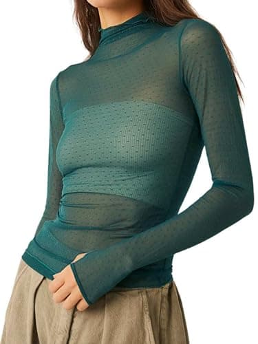 Image of Springcmy Women Sexy Mock Turtle Neck Long Sleeve Sheer Mesh Ruched See Through Swiss Dots Going Out Layering Slim Fit Tops Streetwear (A-Green, M)