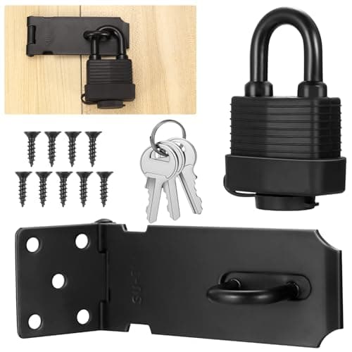 Image of Aoyfuwell Stainless Steel Padlock Hasp and Staple Heavy Duty, 4 Inch Shed Door Latch Hasp Lock for Shed Locks, Garden Sheds Wooden Gates Bedroom Bathroom Cabinet Lock Latch Staple, with Padlock & Keys