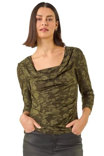 Image of Roman Cowl Neck Top for Womens UK - Ladies Jersey Blouse Stretch Ruched Waist Flattering Smart Casual Formal Party Work Office Autumn Winter Shirt 3/4 Sleeve - Khaki - Size 12