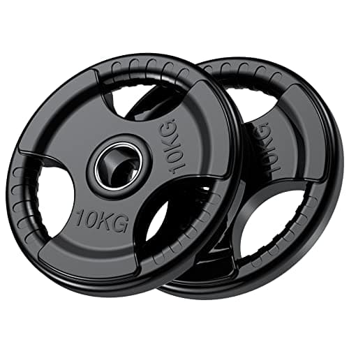 Image of PhysKcal Olympic Weight Plates Set of 2 x 10kg with Rubber Finish 2’’ Opening and Tri-Grips, Black Barbell Plates Discs in Pair or Single for Lifting and Strength Training, Solid Cast Iron Weights