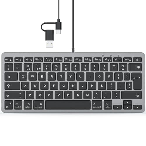 Image of TECURS Wired Keyboard for Mac, QWERTY UK Layout Mini Keyboard for Mac OS with USB A and Type C 2-in-1 Connector for Apple iMac, MacBook Pro/Air, Mac Pro, Mac Mini, Black