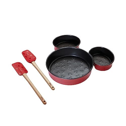 Image of Prestige New Disney Bake with Mickey Mouse Bakeware Set with 3 Piece Mickey Head Cake Tin and Silicone Spatula Set of 2