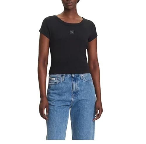 Image of Calvin Klein Women’s Short Sleeve Round Neck Woven Label Rib Baby Tee, Black (Black), S