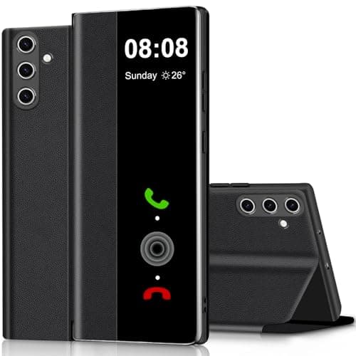 Image of Flip Case for Samsung Galaxy S24 Case S View, Clear View Flip Folio Leather TPU inner for Samsung S24 5G, Anti-Scratch Luxury Kickstand Cover Phone Cases for Samsung Galaxy S24 6.2" (Black)