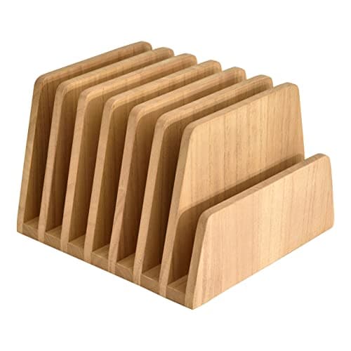 Image of KIRIGEN Desk File Sorter, Wooden Document Holder with 7 Slots, Desktop Organiser Rack for A4 Papers, Magazines, Letters, Laptop and Home Office Stationery, Natural, 26.3x25.2x18 cm(7K-NA)