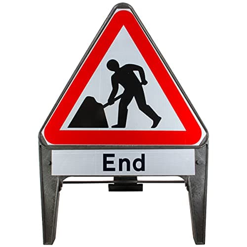 Image of Men At Work With END Supplementary Plate 750mm Triangle Road Sign 7001 - Plastic Temporary Road Street Traffic Safety Sign for Road and Street Works - Freestanding with Reflective Sign Face