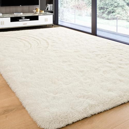 Image of Oxford Homeware Rugs Living Room 120 x 170 cm – Fluffy Shaggy Cream Area Rugs for Bedroom, Lounge – Super Soft Non Slip Rug Washable Modern Floor Carpets Bedside Rug for Kids Room