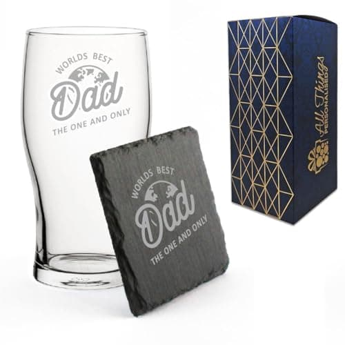 Image of Engraved Pint Glass and Slate Coaster Gift Set with Worlds Best Dad, Fathers Day Gift, Birthday Present for Him, Gift Boxed, Drinks Coaster, Beer Gift
