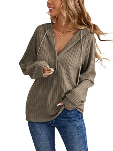 Image of iChunhua Knitted Long Sleeve Button Up Top V Neck Lightweight Brwon Sweatshirt Hooded for Women Uk Loose Ladies Hoodies Size 16 Brown 2XL