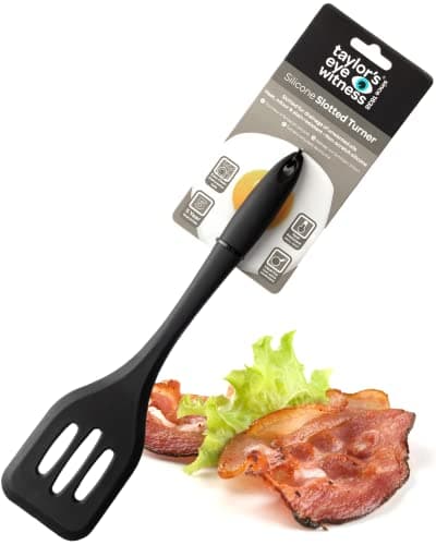 Image of Taylors Eye Witness Large Silicone Black Slotted Spatula – Dishwasher Safe, Heat Resistant (260°C/500°F), Ideal for Non-Stick Pans, 28cm/11 inch
