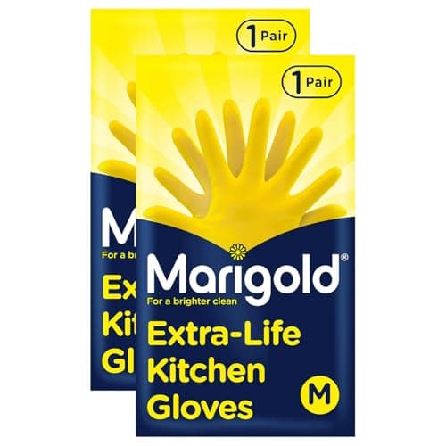Image of Marigold Extra-Life Kitchen Gloves Medium 2 Pairs - Triple Layered Roll Top Cuffs Cotton Lined Durable Household Gloves Perfect for Washing Dishes Cleaning Windows & Household Tasks