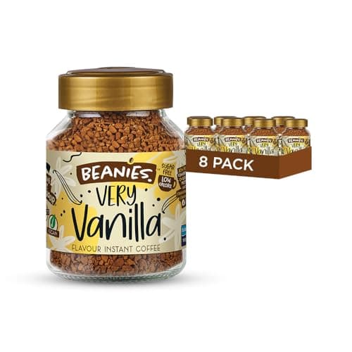Image of Beanies Instant Coffee Very Vanilla Flavour, 400g 50g x 8 Pack - Freeze Dried Granules, Sugar Free Low Calorie Coffee, Vegan Friendly, Smooth Light Brew for Daily Wellness