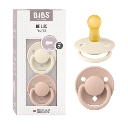 Image of BIBS De Lux Dummies 2-Pack, BPA Free Dummy Pacifier, Round Nipple. Natural Rubber Latex, Size 2 (6-18 Months), Ivory/Blush
