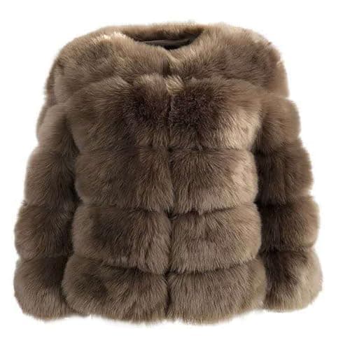 Image of loveimgs Women Warm Fluffy Cropped Puffer Jacket Faux Fur Coat Crop Parka Collarless Winter Teddy Bear Coat Overcoat, Coffee, Medium
