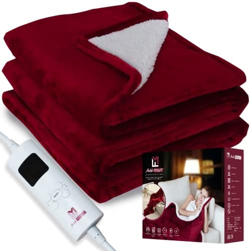 Image of Modish FOUNT® Luxury Electric Heated Throw Blanket - Soft Flannel Sherpa Fleece Overblanket with 9 Heating Settings, 9-Hr Timer Thermal Overheat Protection - Machine Washable (Red)