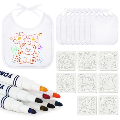 Image of Aolso Baby Bibs for Painting, 8 Pieces Baby White Bibs, Waterproof Bibs for Baby with 8 Textile Pens and 8 Painting Stencils, Gift for Baby Shower Party, Drool Bib (18 x 18 cm)