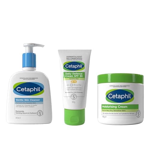 Image of Cetaphil Sensitive Skin Face & Body Skincare Set, Gentle Skin Cleanser 236ml + SPF 50 Day Cream Daily Defence 50g + Body Moisturising Cream 450g, Packaging May Vary