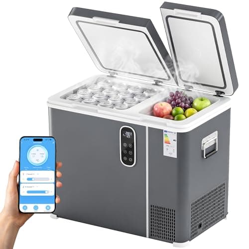 Image of Outsunny 55L Compressor Car Fridge Freezer, Dual Zone Camping Refrigerator with App Control, 12/24V DC and 100-240V AC, Portable Electric Cool Box with Foldable Handle, Truck, Campervan, RV, Boat