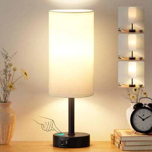 Image of PreeOtti Bedside Lamps, Touch Lamps Bedside with 3-Way Dimmable & Dual USB Charging Ports, Minimalist Table Lamp for Living Room, Dorm, Home Office, White Shade-Black Base(Bulb Included)