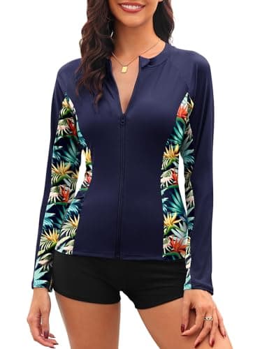 Image of Tuopuda Womens Rash Vest Zip Up Wetsuit Tops Long Sleeve Swimsuit Tops Quick Dry Surf Tops UV UPF 50+ Swim Shirt Sun Protection Swimwear(Navy,XL)