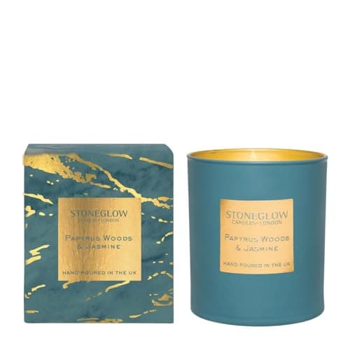 Image of Stoneglow Luna Collection - Papyrus Woods & Jasmine 220 Grams Scented Candle (Blue & Gold)